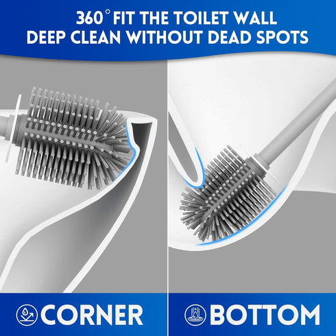 Toilet Brush and Holder Set, Silicone Toilet Bowl Cleaner Brush Bristles, Bathroom and RV Cleaning Tools, Space Saving Toilet Scrubber, Wall Mount...