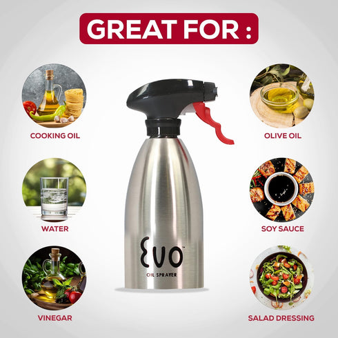 Evo 18/8 Stainless Steel Oil Sprayer, Non-Aerosol for Olive Oil, Cooking Oils, and Vinegars, Silver, 16-Ounce Capacity...