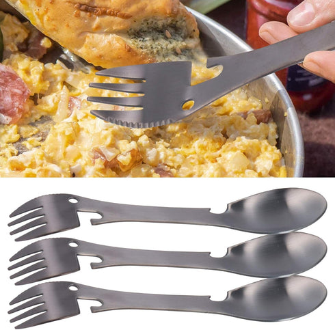 Camping Eating Utensils, 5 in 1 Utility Tactical Spork Portable Stainless Steel Fork Spoon BBQ Cutlery with Sawtooth Multifunctional Bottle Opener...