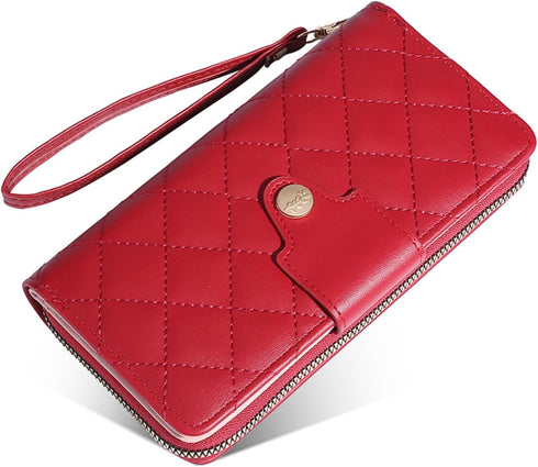 Women Wallet Long PU Leather with Zipper And Button Closure Card Slots Bracelet Coin Pouch (Red)...
