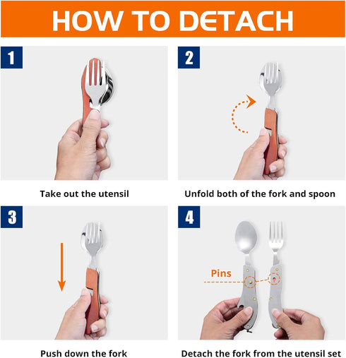Camping Eating Utensils HIKENTURE 4-In-1 Stainless Steel Spoon Fork Knife Bottle Opener Set,Foldable Backpacking Cutlery for Traveling, Hiking, Bo...