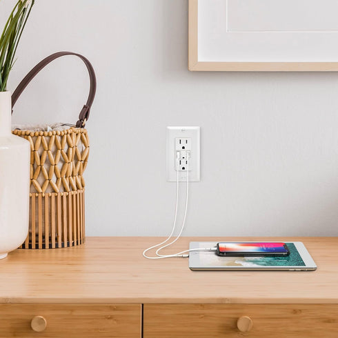 Maxxima 15A USB Wall Outlet Receptacle, 30W Power Delivery QC 3.0 Type-C/A w/ 2 Standard Outlets, High Speed Charging for Smart Devices, Duplex Re...
