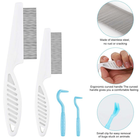 2pcs Pet Combs & 2pcs Tick Removal Tool, Fine-Tooth Flea Comb Tear Stain Removal Multifunctional Magic Pet Hair Cleaning Grooming Tools with Stain...