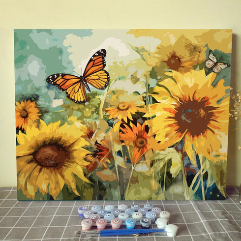 Tucocoo Sunflowers Landscape Paint by Number for Adults, DIY Digital Oil Painting Kits on Canvas with Brushes and Acrylic Pigment, Butterflies Flo...
