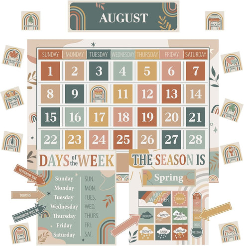 Modern Boho Calendar Bulletin Board Set for Classroom Decoration Rainbow Calendar Seasons Weather Chart Boho CTP Bulletin Board Paper-Cuts for Tea...