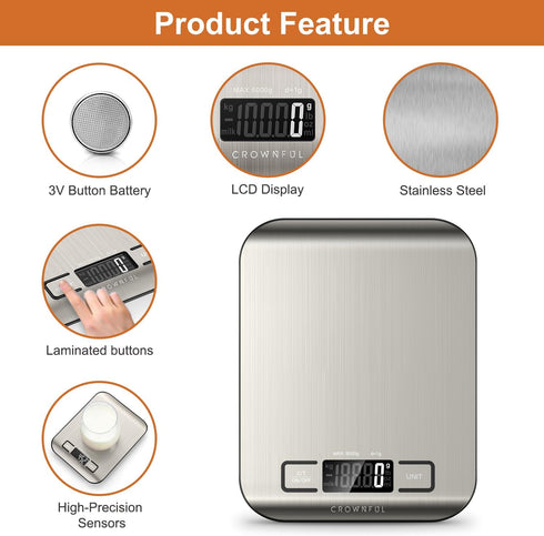 CROWNFUL Food Scale, 11 lb Digital Kitchen Scales with Built-in Coin Battery, Weight Ounces and Grams for Cooking and Baking, 6 Units with Tare Fu...