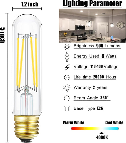 Leools E26 LED Bulb 8W Equal 75 Watt Light Bulbs Neutral White 4000K E26 Edison Bulb AC120V 900lm Dimmable 5 Inch T10 led Bulb Tubular for Rustic ...