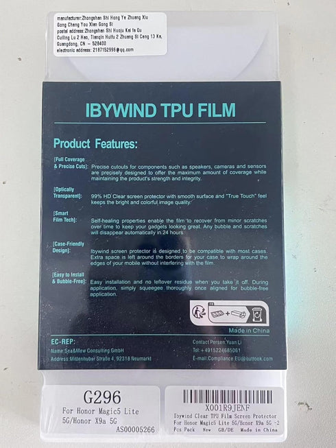 Ibywind 2 Pack Screen Protector for Honor Magic 5 Lite/X9a 6.67" +1 Pack Camera Len Protector+1 Pack Back Film,Flexible TPU Film,HD Clear,Case Fri...