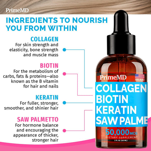 Liquid Collagen Peptides for Women - Complex with Biotin Vitamin, Hydrolyzed Keratin Protein and Saw Palmetto - Comprehensive Formula for Hair, Sk...