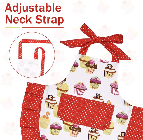 ASPMIZ Cupcake Kids Apron, Red Baking Bib Apron for 2-6 Years Child, Girls Chef Apron with Pockets for Gardening Painting, Adjustable Kitchen Apro...
