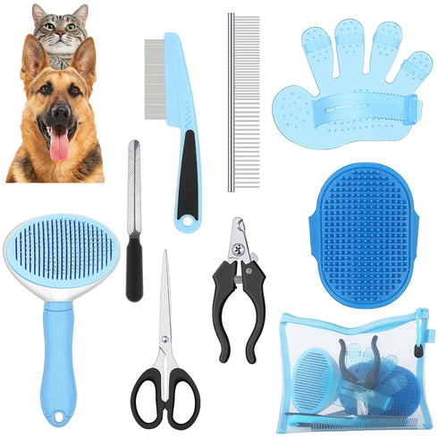 9 Pcs Dog Grooming Brush Shedding Kit Self Cleaning Slicker Dog Brush Shedding and Flea Comb Nail Clippers and File Pet Grooming Brush with Adjust...