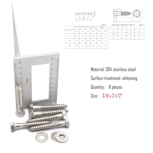 8pcs Hex Head Lag Screws, 3/8" x 2-1/2" Hexagon Head Wood Screws (Partially Threaded), 304 Stainless Steel Lag Bolts, Silvery...