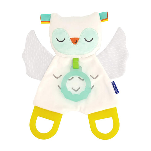 Infantino Glow-in-The Dark Cuddly Teether - Owl Soft Toy with 3 Textured Teethers, Fiddle Flags, Crinkle Sounds, Soft Material, On The Go Toy...