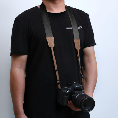 Padwa Lifestyle Black Camera Strap - Double Layer Crazy Horse Cowhide Head,1.5" Wide Pure Cotton Woven Camera Straps,Adjustable Neck Shoulder Stra...