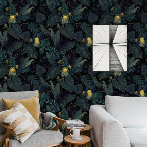 Tropics Plants Floral Peel and Stick Wallpaper, 17.71in X 118.1in Self Adhesive Removable WallPaper Black/Dark Green/Yellow Contact Paper Waterpro...