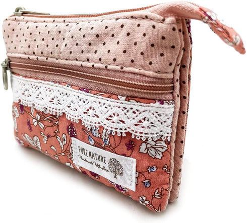 Women Small Zipper Coin Purse - Handmade Fabric Flower Embroidered Change Pouch - Cotton Double Zipper Wallet...