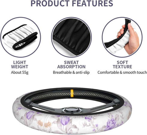 Purple Flowers Cute Steering Wheel Cover for Women Girls Car SUV 15 Inch Universal Fit Auto Accessories Personalized...