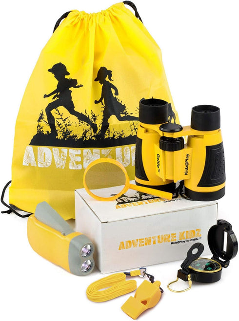 Adventure Kidz Outdoor Exploration Kit, Yellow Backpack, Binoculars, Magnifying Glass, Lensatic Compass, Fox Whistle for Boys and Girls...