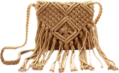 Van Caro Handwoven Cotton Straw Shoulder Bag Crochet Tassel Beach Bohemian Purse for Women...