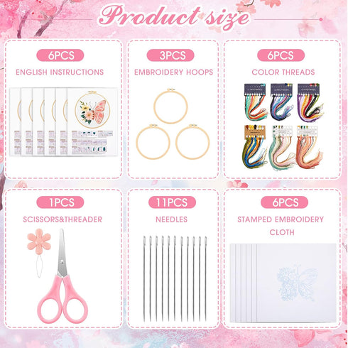 6 Set Butterfly Embroidery Kit Butterfly and Flower Cross Stitch Set Embroidery Kits for Adults with Patterns Instructions Embroidery Hoops Thread...