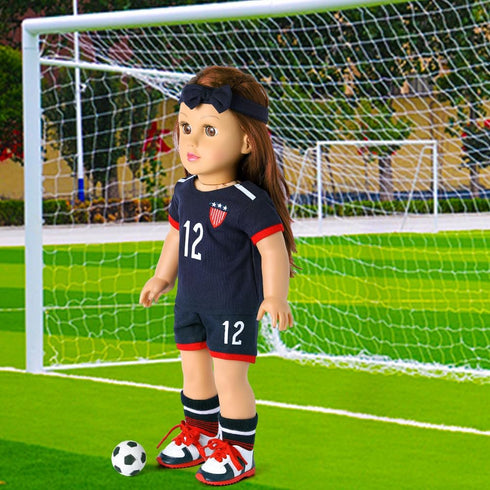 18-inch Girl Doll Clothes Accessories - Team USA 6 Piece Soccer Uniform Clothing Includes Headband,Shirt,Shorts, Socks,Shoes and Football Fits 18"...