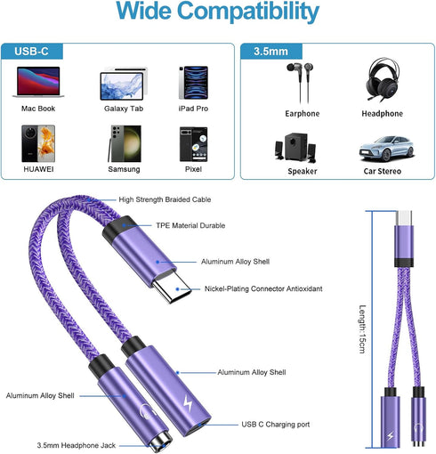 USB C to 3.5mm Audio Headphone & Android Phone Charger Adapter, 2-in-1 Type C to Aux Earphone Jack Dongle Cable & 60W Fast Charging for Samsung Ga...