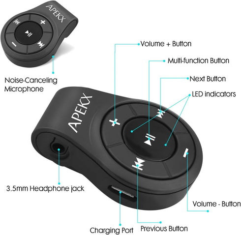 APEKX Clip Bluetooth Audio Adapter for Headphones, Headset, Speaker, Wireless Receiver with MIC for Hands-Released Call and Music...