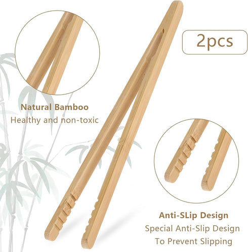 2 Pcs Bamboo Toast Tongs, 7 Inch Wood Tongs For Cooking Anti-Slip Toast Tongs Long Kitchen Tongs Reusable Bamboo Tongs for Serving Fruits Bread Pi...