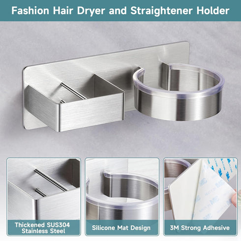 Hair Dryer Holder, Hair Tool Organizer, Stainless Steel Blow Dryer Holder Wall Mounted, Adhesive Hair Straightener Holder, Bathroom Bedroom Hair C...