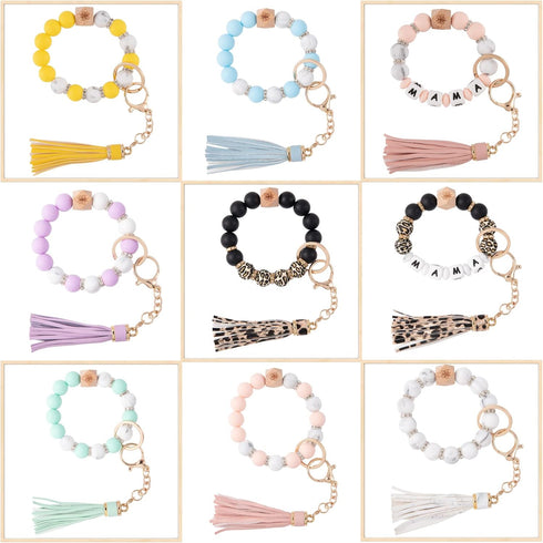 Silicone Keychain Beaded Wristlet Key Ring Bracelet,Beaded Keychain with Leather Tassel for Women…...