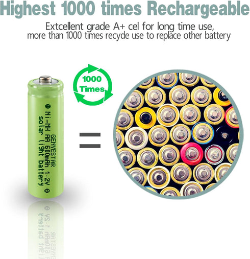 AA Solar Light Batteries Rechargeable AA Batteries NIMH 600mAh 1.2V Double A Rechargeable Battery for Garden Lawn Landscaping Solar Lamps Remotes...