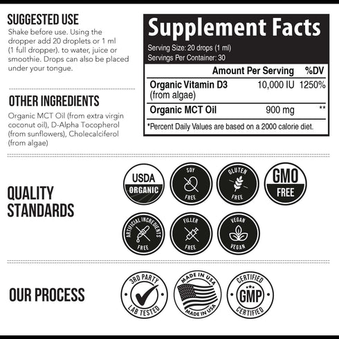 Organic Vitamin D3 10,000 IU - Plant D3, Vegan, Max Strength Sublingual Liquid D3 Drops - 200% Higher Absorption, 100% Plant-Based Cholecalciferol...