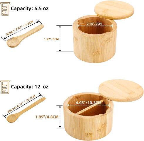 Natural bamboo Salt and Pepper Bowl, Bamboo Salt Cellar and Spices Storage Box With Built-in Spoon and Magnetic Swivel Lid (Single Compartment)...