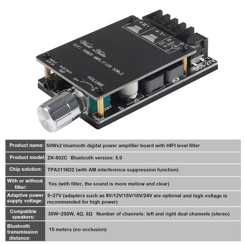 ZK-502C Bluetooth 5.0 Amplifier Board,100w Audio Amp Board Dual Channel DC8-24V, Password Free Connect to Phone Quietly for Home Passive Speakers ...