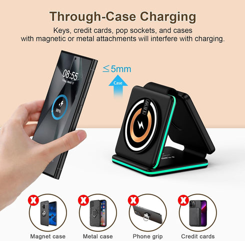 Foldable 3 in 1 Wireless Charging Station for Samsung Galaxy Z Fold6 Flip6 S24 S23 Ultra,Travel Charger for Samsung Multi Devices,15W Fast Wireles...