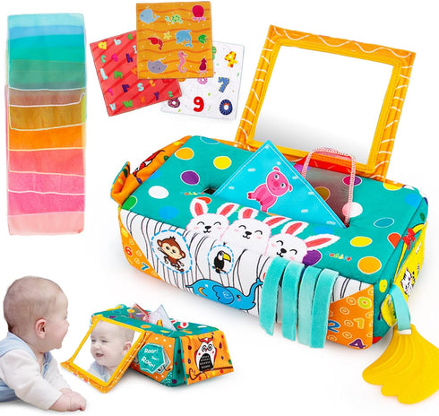 teytoy Baby Tissue Box Toy, Montessori Tissue Box Sensory Toy with Tummy Time Mirror Toy for Infant Newborn Toddlers High Contrast Sensory Toys fo...