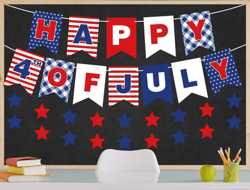Patriotic Paper Banner 4th of July Bulletin Board Decorations with Red Blue Star Cutouts for Independence Day School Classroom Office Home Decor P...