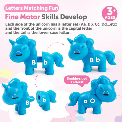 Matching Letters Fine Motor Toy Double-Sided ABC Unicorns Alphabet Match Game with Uppercase Lowercase Preschool Educational Montessori Learning T...