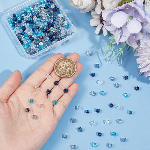 SUNNYCLUE 400Pcs 5 Colors Blue Square Glass Beads Blue Glass Cube Bead AB Color Faceted Transparent Glass Crystal Blue Cube Tiny Spacer Bead for J...