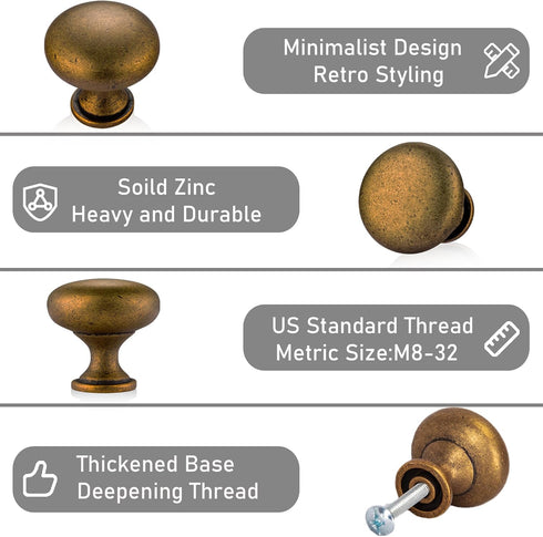 5-Pack Antique Brass Cabinet Knobs, Vintage Round Drawer Knobs for Kitchen Cupboards Dressers, Unique Home Improvement Hardware...