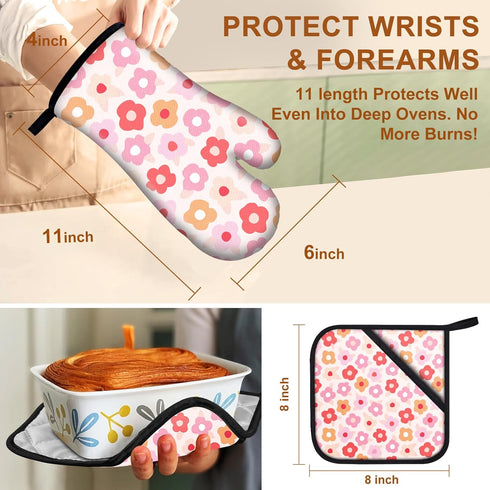 Oven Mitts Pot Holders Set 4 PCS for Kitchen, Heat Resistant Hot Pads Mittens Gloves for Cooking Grilling Baking BBQ Cute Flower Pot Holders Cook ...