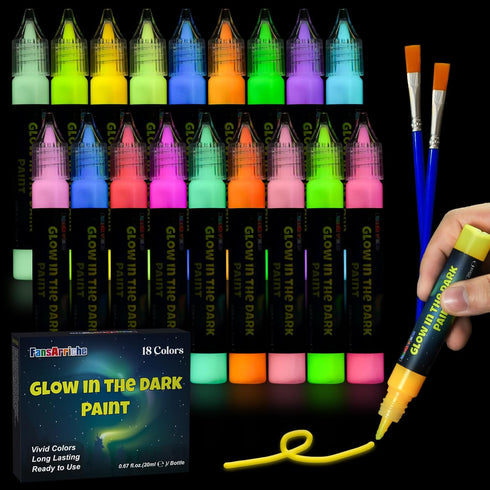 FansArriche Glow in the Dark Fabric Paints, 18 Colors x 20 ml 3D Waterproof Acrylic Textile Paint Markers, Glow in Dark Paint Pen, DIY Neon Fabric...