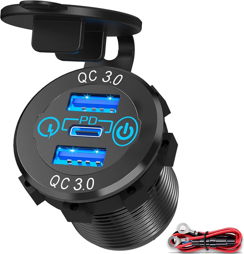 56W USB C Car Charger Socket, Ouffun Aluminum Metal 12V/24V Multiple USB Outlet PD 20W USB-C and Dual QC3.0 Ports with Power Switch USB Port 12V S...