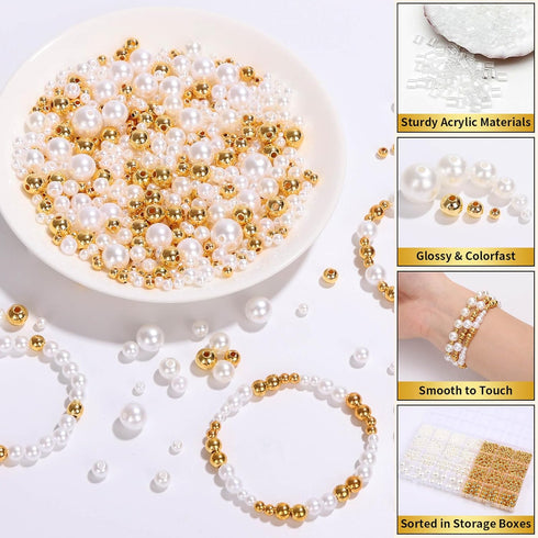 ROADPLUM 1947 Pcs Pearl Beads for Jewelry Making, White and Gold Beads for Crafts with Holes, Gold Filled Beads for Bracelets Making Kit, Multi-Si...