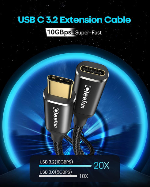 CLEEFUN USB C Extension Cable 1ft, USB C 3.2 Male to USB C Female Extension Cable, 10Gbps Data & 4K Video Sync Transfer USB C Extender Cable 100W ...