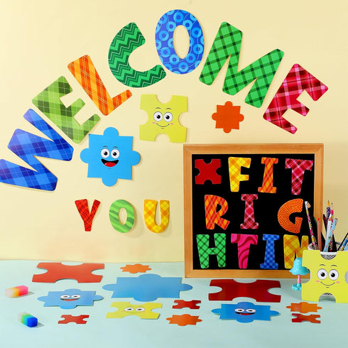 Welcome Back to School Bulletin Board with Puzzle Pieces for Classroom Welcome You Fit Right in Borders Motivational Bulletin Board Cutouts Decora...