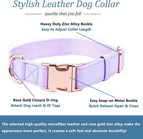 Dog Collar and Leash Set.Soft and Easy to clean vegan Leather with Rose Gold Metal Buckle for Small Medium Large Dogs (Light Purple, M(13.8"-19.7"...