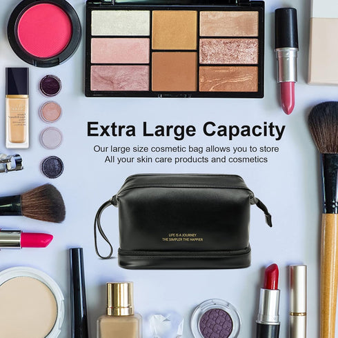 Travel Makeup Bag,Double Layer Cosmetic Bag,Large Zipper Pouch Makeup Organizer Bag,Waterproof Leather Makeup Bag,Portable Leather Toiletry Bag fo...