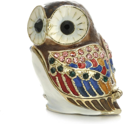 Hand Painted Enamel Mini Owl Trinket Box, Hinged Unique Mini Ring Necklace Jewelry Organizer, Classical Bejeweled Storage, Figurine Collectible Ke...