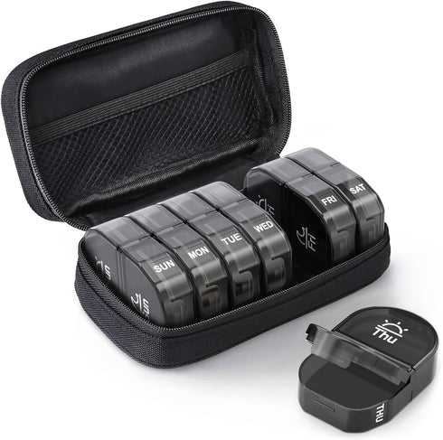 AUVON Canvas Bag Travel Pill Organizer 2 Times a Day, Large AM/PM Weekly Pill Box 7 Day Pill Case with Portable Black Zipper Cloth Bag for Holding...